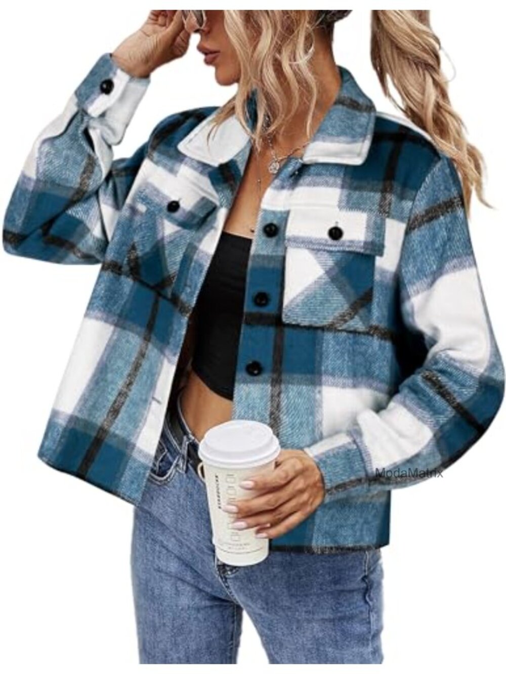 Cropped Plaid Flannel Shacket Button Down Shirt Jacket